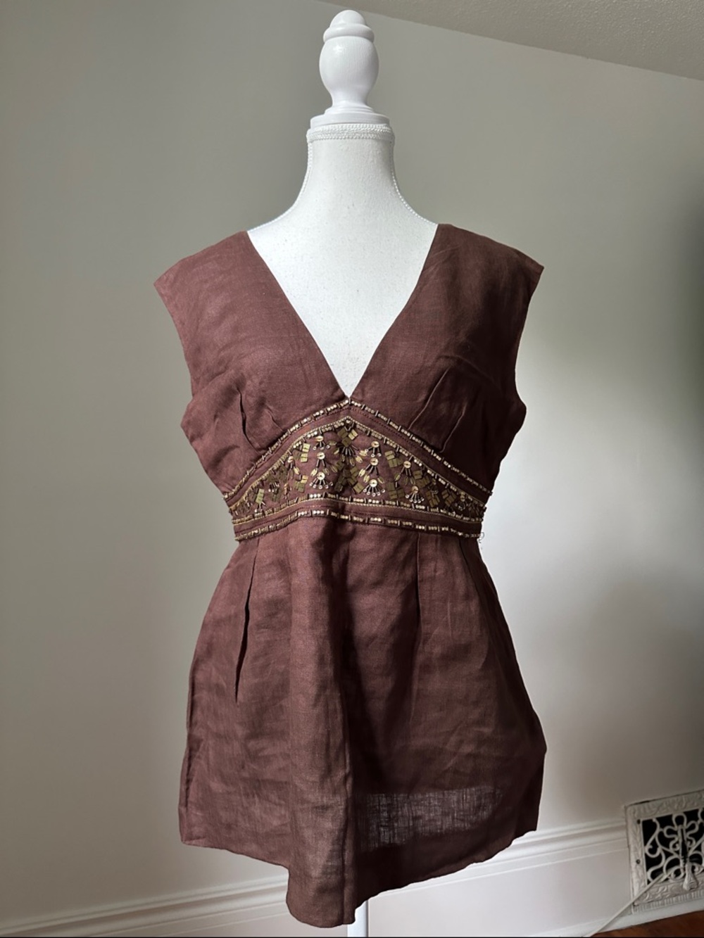 CYNTHIA ROWLEY‎ Brown 100% Linen Beaded Boho Festival Babydoll Tank Top Sz 10
